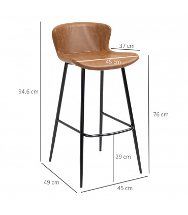 HOMCOM Bar Stools Set of 2, PU Leather Bar Chairs with Back and Steel Legs