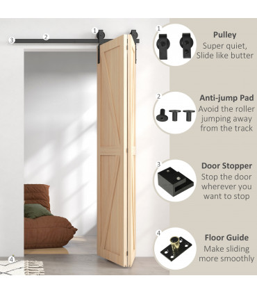 HOMCOM 4FT/122CM Bi-Folding Sliding Barn Door Hardware Kit Sliding Door Kit