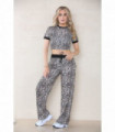 Leopard Print Ribbed Contrast Wide Leg Flared Trousers And Top Loungewear TRS Cropped Set