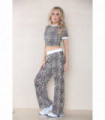 Leopard Print Ribbed Contrast Wide Leg Flared Trousers And Top Loungewear TRS Cropped Set