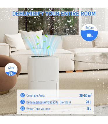HOMCOM 20L/Day Dehumidifier with Continuous Drainage, 5L Water Tank, Timer