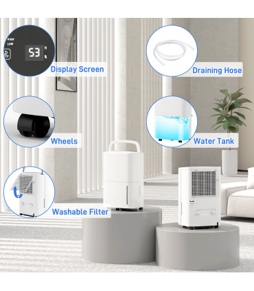 HOMCOM 20L/Day Dehumidifier with Continuous Drainage, 5L Water Tank, Timer