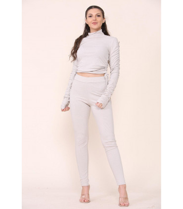 High Neck Ruched Side Arm Solid Drawstrings Ribbed Tee and Leggings set