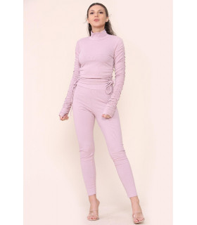 High Neck Ruched Side Arm Solid Drawstrings Ribbed Tee and Leggings set