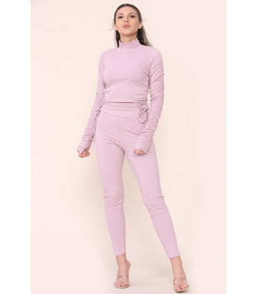 High Neck Ruched Side Arm Solid Drawstrings Ribbed Tee and Leggings set