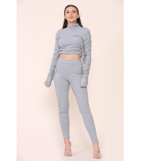 High Neck Ruched Side Arm Solid Drawstrings Ribbed Tee and Leggings set