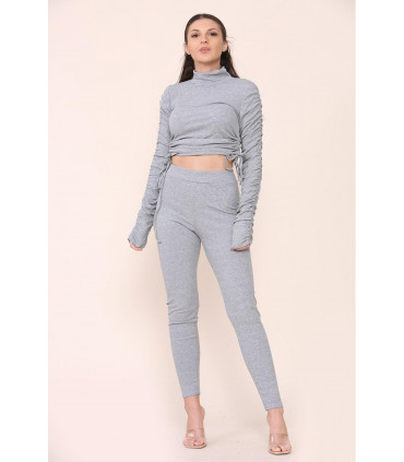 High Neck Ruched Side Arm Solid Drawstrings Ribbed Tee and Leggings set