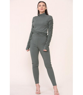 High Neck Ruched Side Arm Solid Drawstrings Ribbed Tee and Leggings set