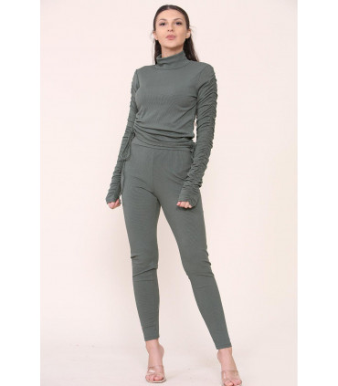 High Neck Ruched Side Arm Solid Drawstrings Ribbed Tee and Leggings set