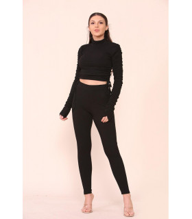 High Neck Ruched Side Arm Solid Drawstrings Ribbed Tee and Leggings set