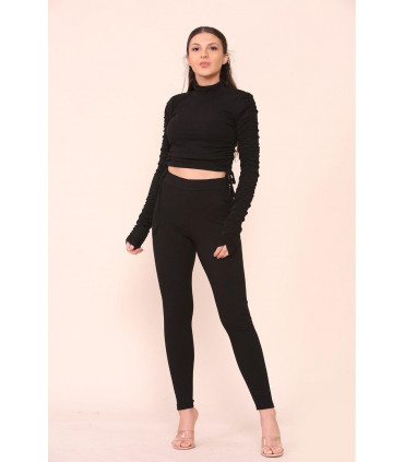 High Neck Ruched Side Arm Solid Drawstrings Ribbed Tee and Leggings set