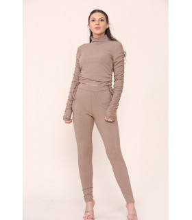 High Neck Ruched Side Arm Solid Drawstrings Ribbed Tee and Leggings set