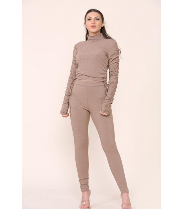 High Neck Ruched Side Arm Solid Drawstrings Ribbed Tee and Leggings set