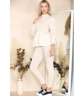 Long Ruched Sleeves Ribbed Peplum Diamond Buttons Frilled Hem Lounge Wear Co-Ord Set