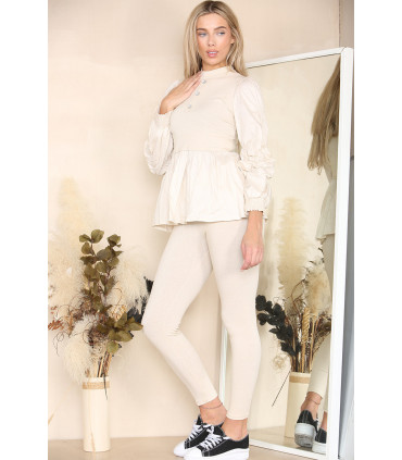 Long Ruched Sleeves Ribbed Peplum Diamond Buttons Frilled Hem Lounge Wear Co-Ord Set