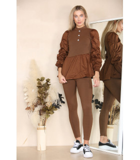 Long Ruched Sleeves Ribbed Peplum Diamond Buttons Frilled Hem Lounge Wear Co-Ord Set