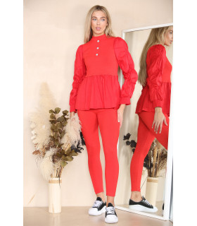 Long Ruched Sleeves Ribbed Peplum Diamond Buttons Frilled Hem Lounge Wear Co-Ord Set