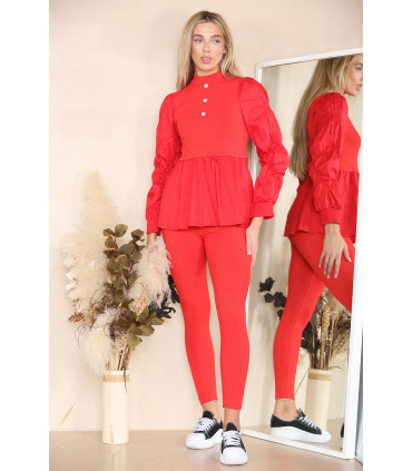 Long Ruched Sleeves Ribbed Peplum Diamond Buttons Frilled Hem Lounge Wear Co-Ord Set