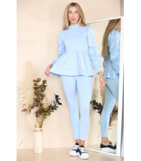 Long Ruched Sleeves Ribbed Peplum Diamond Buttons Frilled Hem Lounge Wear Co-Ord Set