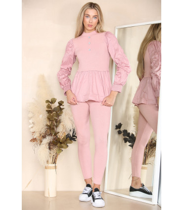 Long Ruched Sleeves Ribbed Peplum Diamond Buttons Frilled Hem Lounge Wear Co-Ord Set