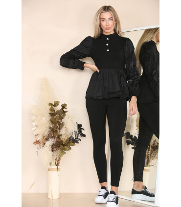 Long Ruched Sleeves Ribbed Peplum Diamond Buttons Frilled Hem Lounge Wear Co-Ord Set