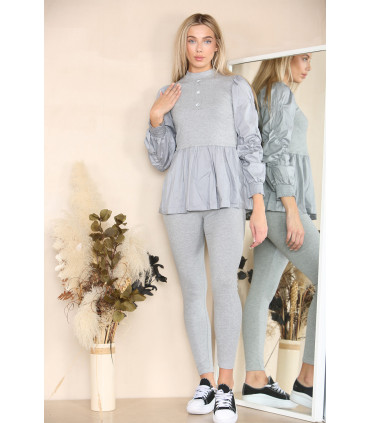 Long Ruched Sleeves Ribbed Peplum Diamond Buttons Frilled Hem Lounge Wear Co-Ord Set