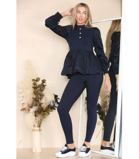 Long Ruched Sleeves Ribbed Peplum Diamond Buttons Frilled Hem Lounge Wear Co-Ord Set