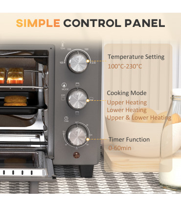 HOMCOM Mini Oven 21L Electric Grill w/ Adjustable Temp Timer 1400W, Grey