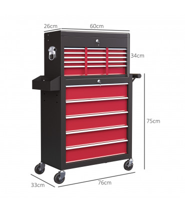 HOMCOM Rolling Tool Chest Lockable Roller Cabinet with with 14 Drawers Red