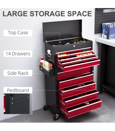 HOMCOM Rolling Tool Chest Lockable Roller Cabinet with with 14 Drawers Red