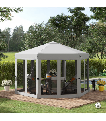 3.2m Pop Up Gazebo Hexagonal Canopy Mesh Sidewalls, Bag, Light Grey