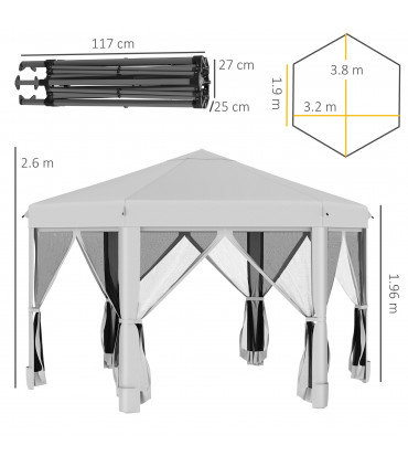 3.2m Pop Up Gazebo Hexagonal Canopy Mesh Sidewalls, Bag, Light Grey