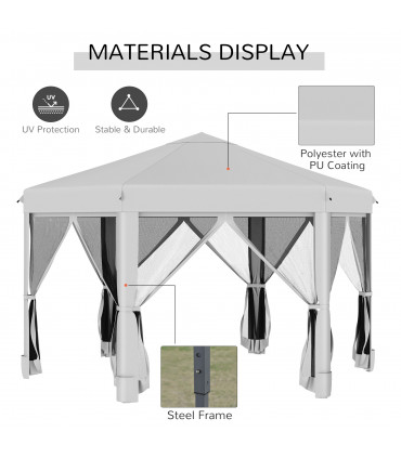 3.2m Pop Up Gazebo Hexagonal Canopy Mesh Sidewalls, Bag, Light Grey