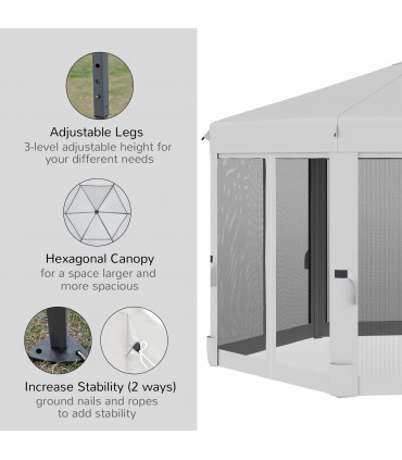 3.2m Pop Up Gazebo Hexagonal Canopy Mesh Sidewalls, Bag, Light Grey