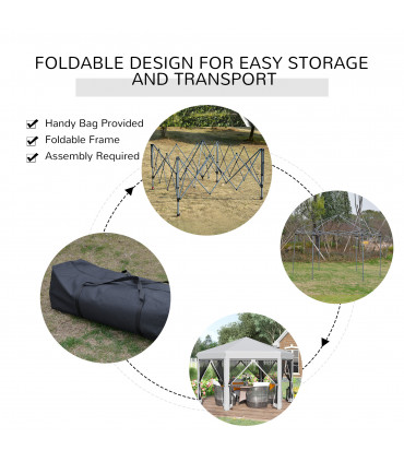 3.2m Pop Up Gazebo Hexagonal Canopy Mesh Sidewalls, Bag, Light Grey