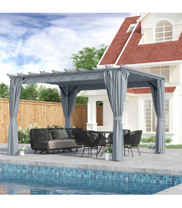 3.6 x 3m Pergola Gazebo Retractable Canopy Curtains, Aluminum, Dark Grey