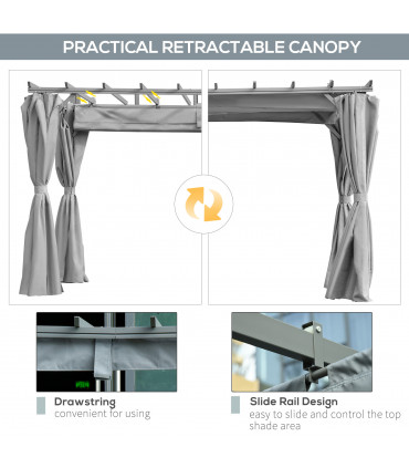 3.6 x 3m Pergola Gazebo Retractable Canopy Curtains, Aluminum, Dark Grey