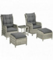 Outsunny Recliner Rattan Sun Lounger w/ Two-tier Table & Cushions, Mixed Grey