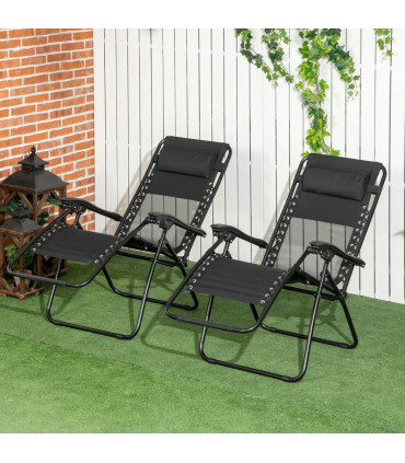 Foldable Garden Recliner Chair Set of 2 w/ Footstool & Headrest, Black
