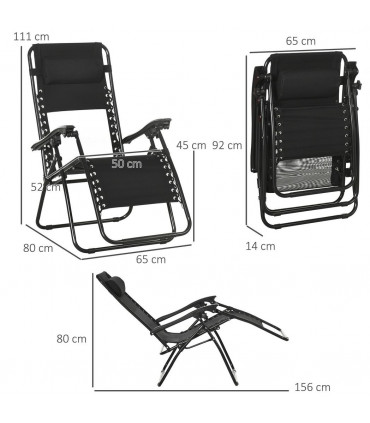 Foldable Garden Recliner Chair Set of 2 w/ Footstool & Headrest, Black