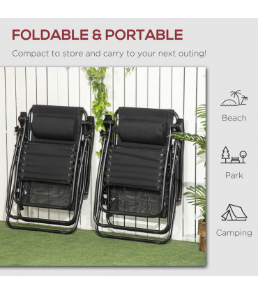 Foldable Garden Recliner Chair Set of 2 w/ Footstool & Headrest, Black