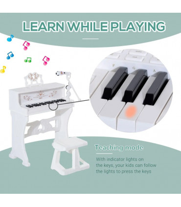 Baby 37 Key Kids Battery Keyboard Mini Grand Piano Stool Microphone White