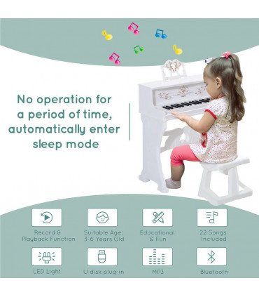 Baby 37 Key Kids Battery Keyboard Mini Grand Piano Stool Microphone White