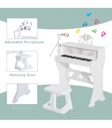 Baby 37 Key Kids Battery Keyboard Mini Grand Piano Stool Microphone White