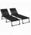 Outsunny 2 Pcs Folding Beach Chair Chaise Lounge 4 Adjustable Positions, Black