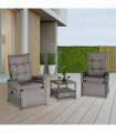 3 Pcs Rattan Chaise Lounge Sofa Set Bistro & Cushion Mixed Grey