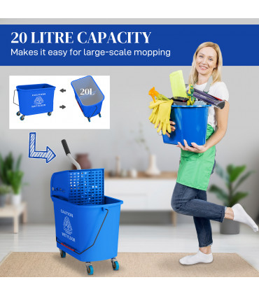 HOMCOM 20L Mop Bucket with Wringer Handle on Wheels for Floor Cleaning Blue
