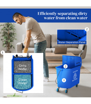 HOMCOM 20L Mop Bucket with Wringer Handle on Wheels for Floor Cleaning Blue