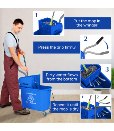 HOMCOM 20L Mop Bucket with Wringer Handle on Wheels for Floor Cleaning Blue
