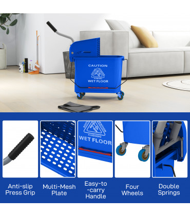 HOMCOM 20L Mop Bucket with Wringer Handle on Wheels for Floor Cleaning Blue